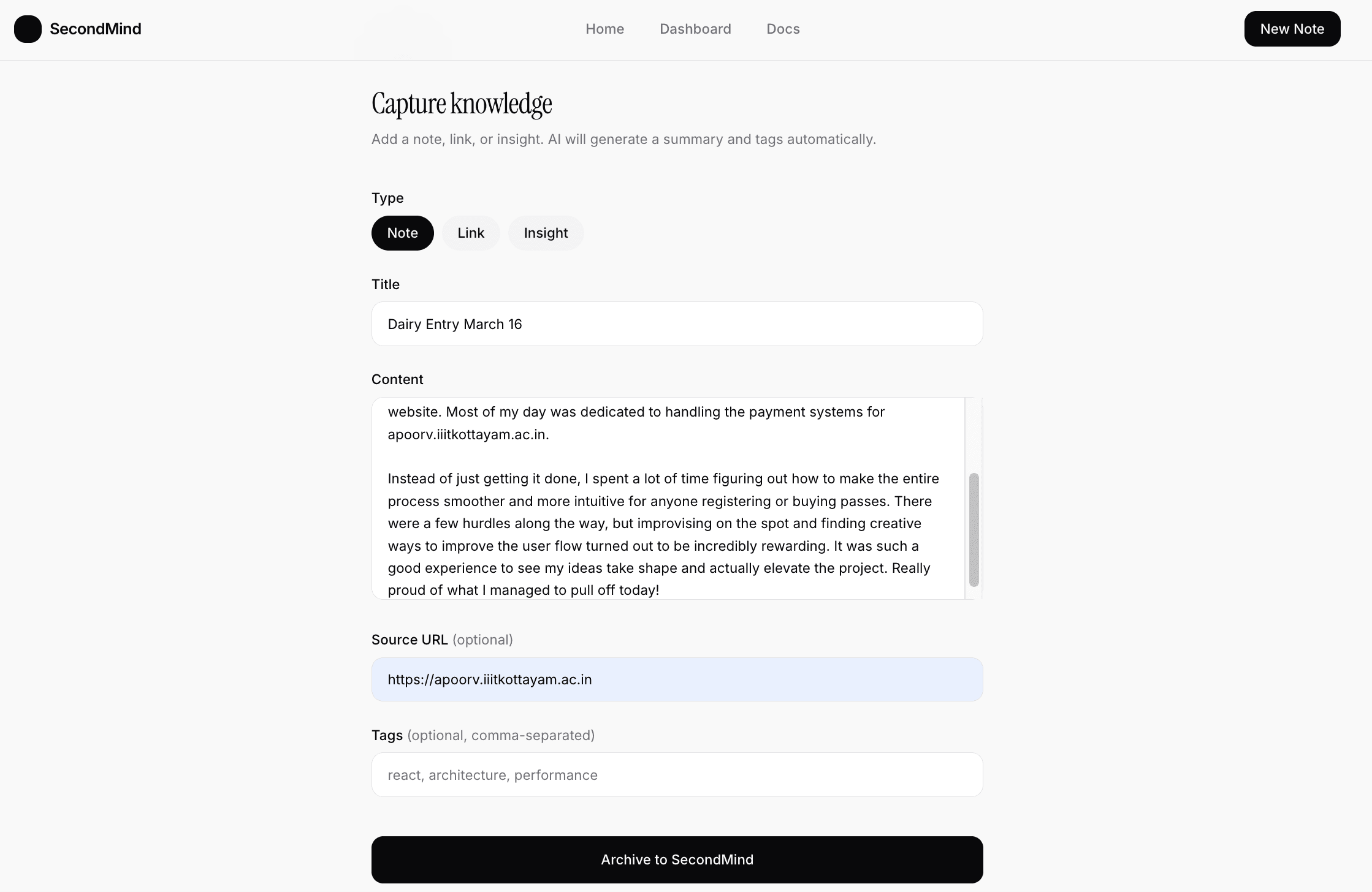 New note capture form with content and tags