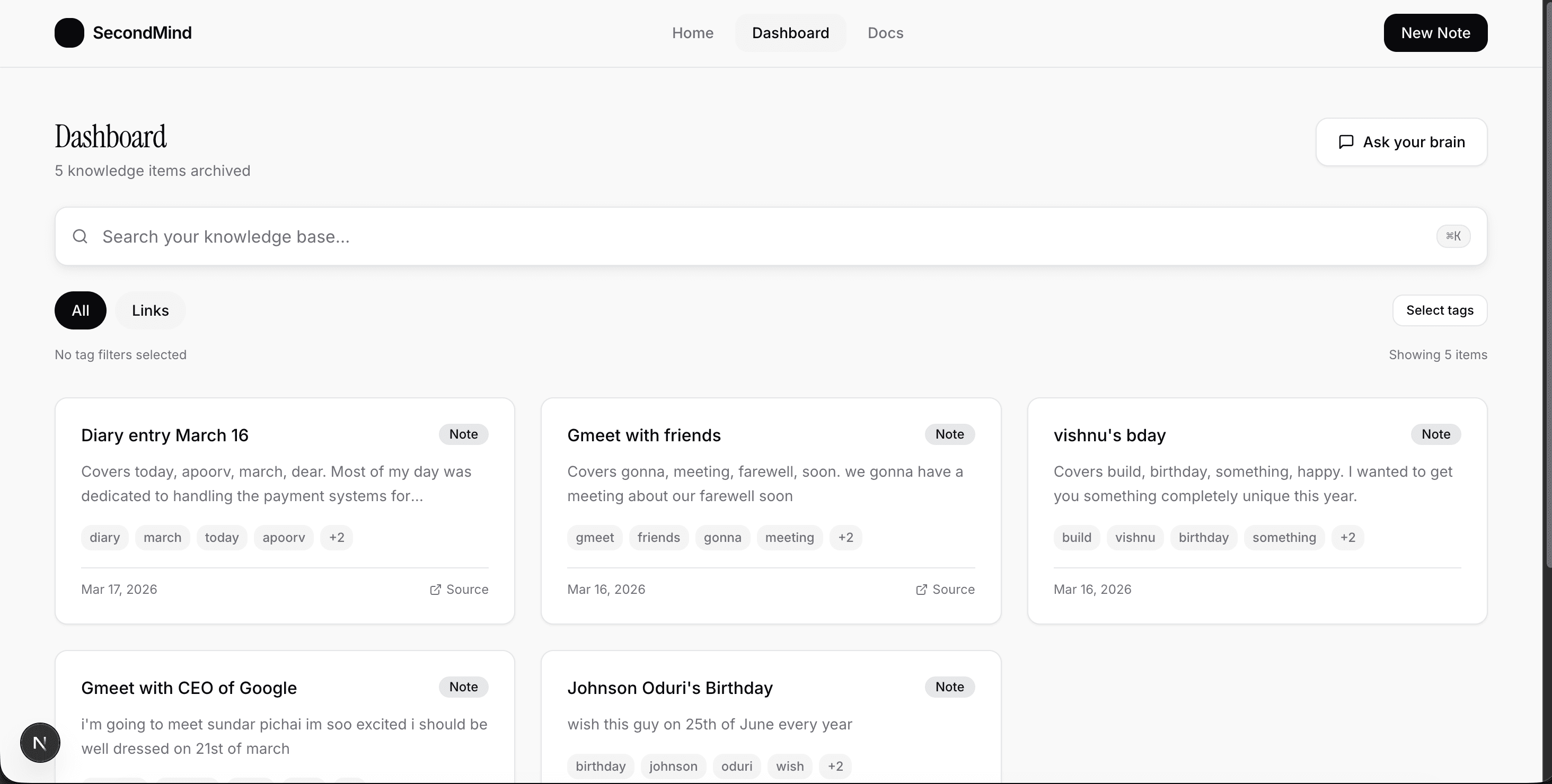 Dashboard notes listing view