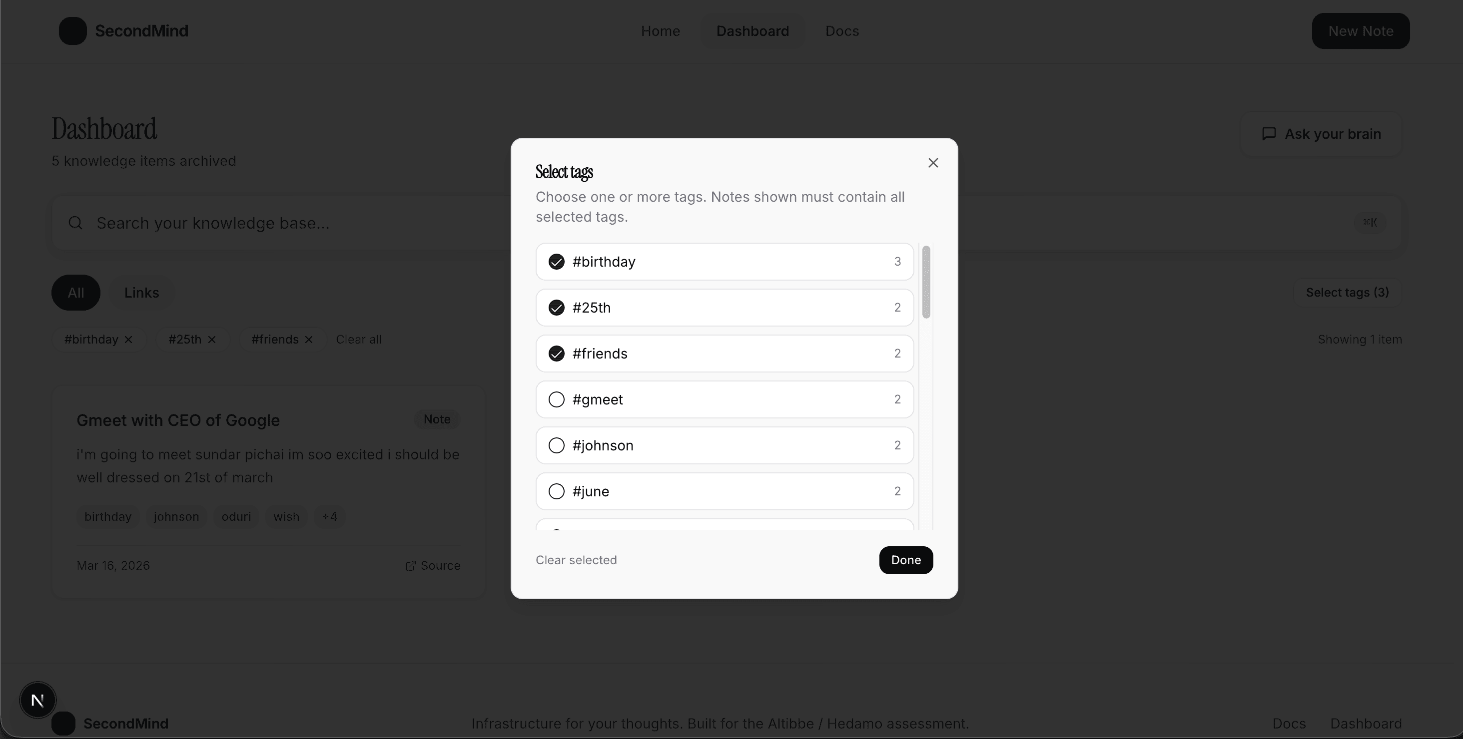 Tag selection and filtering modal
