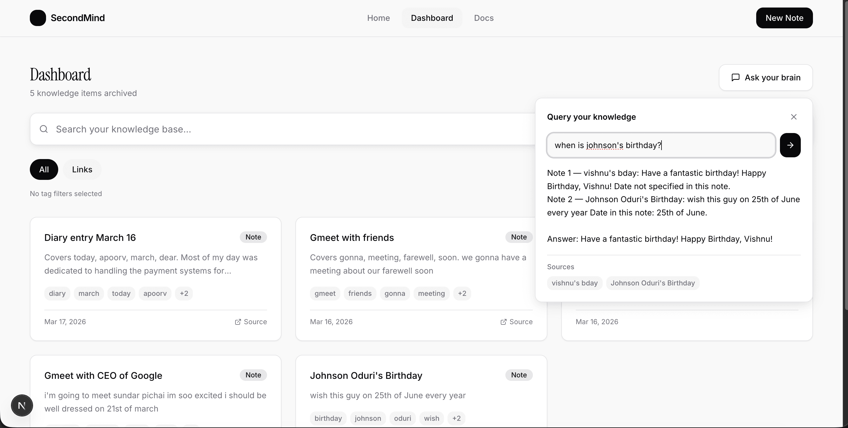 Ask Brain query from dashboard with supporting notes